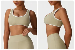 Ensemble soutien-gorge de sport et leggings kaki avec bordure blanche, yoga fitness.