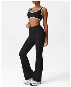 High waist black flare yoga pants and sports bra set for women fitness gym workout wear.