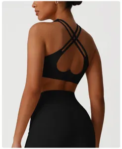 Gros plan détaillé du soutien-gorge de sport noir à dos croisé et découpe cœur élégante.