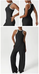 Black contrast trim athletic jumpsuit, high-elastic ribbed fitness sports tank top and pants set.