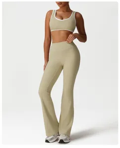Women's contrast trim sports bra and high-waist flare yoga pants activewear fitness set.