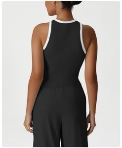 Detailed rear view of the contrast trim athletic tank top, showing fit and style.