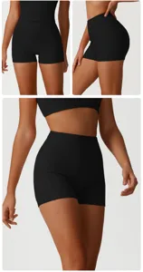 High waist black fitness sports shorts detail showing fit, tummy control and quick dry fabric.