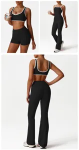 Collage detail view of women's sports yoga wear set, contrast color bra and high waist pants.