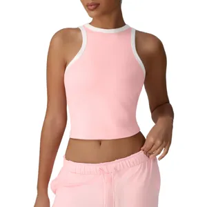 Women's Athletic Ribbed Tank Top High Stretch Slim Fit Scoop Neck Contrast Binding Sports Fitness Workout Activewear