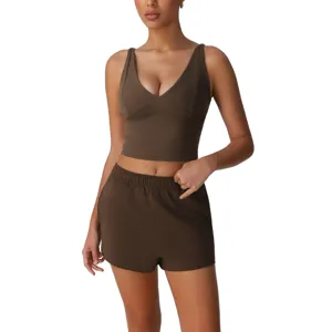 Women Casual Sports Tracksuit Set V-Neck Tank Top And Shorts Elastic High Waist Workout Fitness Athletic Two Piece Outfit