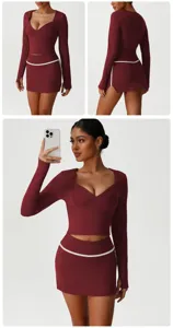 Women long sleeve athletic two piece set burgundy fitness top and skirt activewear outfit