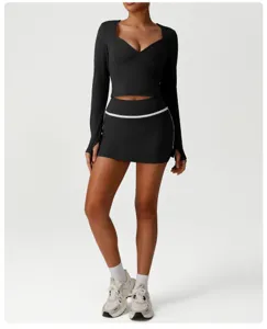 Black long sleeve crop top with skirt athletic set, sexy low cut slim fit yoga fitness workout outfit.