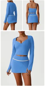 Women blue yoga fitness activewear set long sleeve top camisole skirt detail view