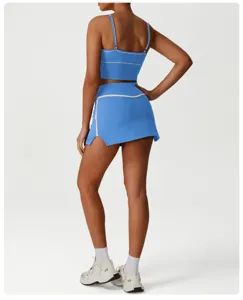 Blue athletic camisole crop top and matching skort detail view, ideal for gym and yoga workouts.