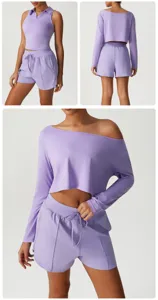 Detailansicht des helllila sportlichen Langarm-Crop-Tops und des passenden Shorts-Sets.