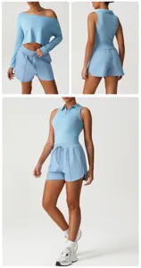 Hellblaues sportliches Crop-Top und Shorts Set, Detailansicht des Funktionsmaterials.