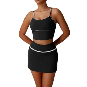 Women's Activewear Set Long Sleeve Cami Top and Mini Skirt Workout Yoga Fitness Two Piece Outfits Athletic Gym Clothing