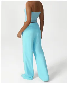 Light blue casual sweatpants, loose straight fit and wide leg style for daily comfort.