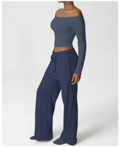Blue off-shoulder crop top and loose wide-leg lounge sweatpants set for women detail view.
