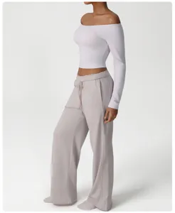 Casual loose wide-leg sweatpants and off-shoulder crop top set for sports, dance and yoga.