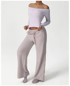 Detailed view of casual loose wide-leg lounge pants featuring a comfortable drawstring waist.