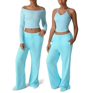 Mujeres Casual Color Sólido Conjuntos de Top y Parte Inferior Manga Larga Camiseta sin Mangas con Cordón Pantalones Pierna Ancha Chándal