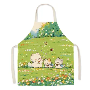 Cute cartoon kitten print fabric sleeveless apron for kitchen cooking baking and painting work