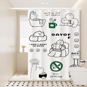 White waterproof shower curtain with cute cartoon bear prints, modern bathroom decor.