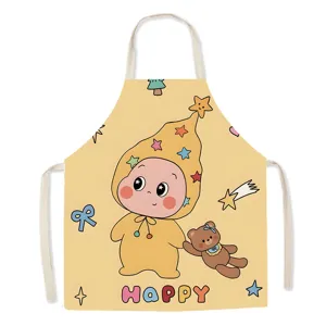 Dettaglio grembiule neonato cartone animato carino, cotone lino, accessorio cucina adorabile.