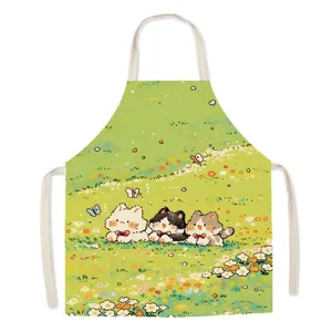 Cute cartoon cat print fabric apron for kitchen cooking, baking, painting, and daily housework.