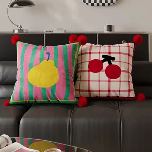 Minimalistisch Cartoon Obst Druck Plüsch Zierkissenbezug Roter Streifen Apfel Kirsche Birne Sofa Kissen Mit Pompon Heimdekoration