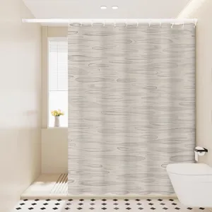Detailed close-up view of neutral wood grain shower curtain in modern bathroom setting