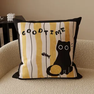 Detailed view of cartoon black cat decorative throw pillow cover with yellow stripes pattern.