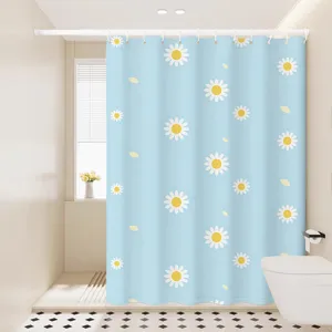 Blue shower curtain with daisy pattern, waterproof bathroom partition detail view.