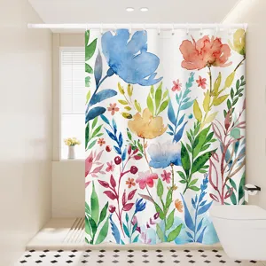 Nordic Watercolor Floral Waterproof Fabric Shower Curtain With Hooks And Tiebacks Bathroom Partition Hanging Curtain