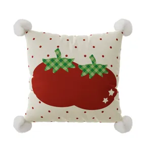 Korean style cute red tomato pattern square throw pillowcase with fluffy white pom-poms.