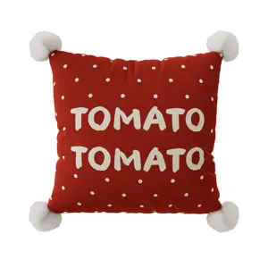 Red polka dot square throw pillow cover with white pom poms and cute tomato text design.