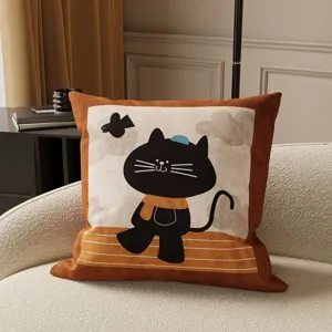 Cartoon decorative throw pillow cover with cute black cat print, soft cushion for sofa home decor.