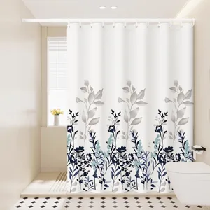 Waterproof fabric shower curtain with botanical leaf print, ideal for modern bathroom decor.
