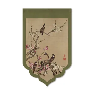 Traditional Chinese style door curtain hanging banner with bird plum blossom art print