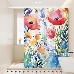 Nordic watercolor floral waterproof shower curtain detail, fabric bathroom partition hanging design.