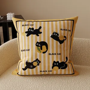 Cartoon decorative throw pillow case yellow striped cushion with cute black cats for sofa sofa bed