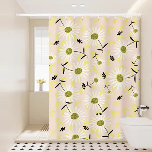 Waterproof fabric shower curtain with daisy flower pattern for modern bathroom decoration.