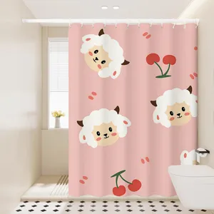 Pink cartoon sheep shower curtain waterproof fabric bathroom curtain with cute cherry decor