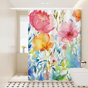 Detail view of Nordic watercolor floral shower curtain, waterproof fabric for modern bathroom.