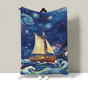 Close-up display showing the exquisite artistic oil painting style sailing ship blanket texture.