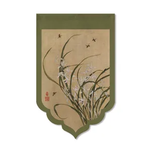 Detail view of Chinese style doorway curtain hanging flag featuring classical orchid print.