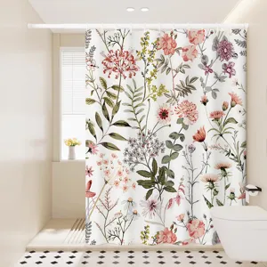 Nordic watercolor floral waterproof shower curtain, ideal for bathroom partition and decor.