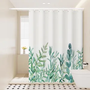 Detail shot of Nordic watercolor floral shower curtain in modern bathroom, waterproof and stylish.