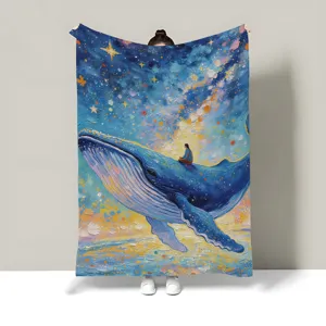 Oil painting style whale flannel throw blanket starry sky art blanket for sofa office bed
