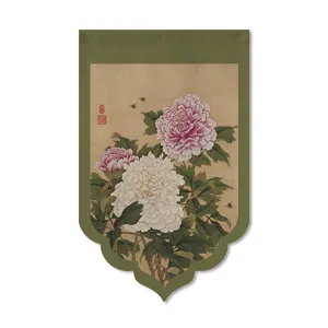 Close-up detail of traditional Chinese peony painting pattern door hanging curtain fabric.