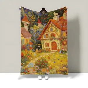 Cozy flannel throw blanket with beautiful oil painting cottage landscape design for home sofa bed.