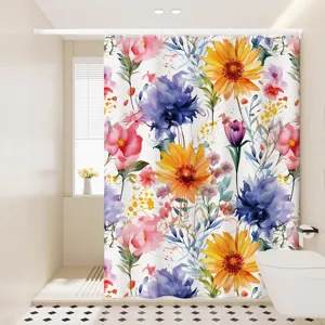 Watercolor floral shower curtain for bathroom, waterproof fabric partition hanging drapery.