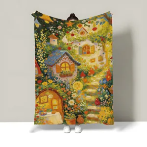 Flannel blanket in oil painting aesthetic scenery style for cozy office sofa and bed use
